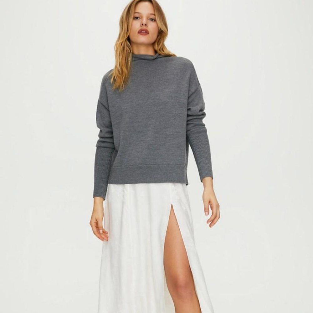 Aritzia Wilfred Cyprie Sweater Heathered Dark Grey Merino Wool Mock-Neck Sweater
